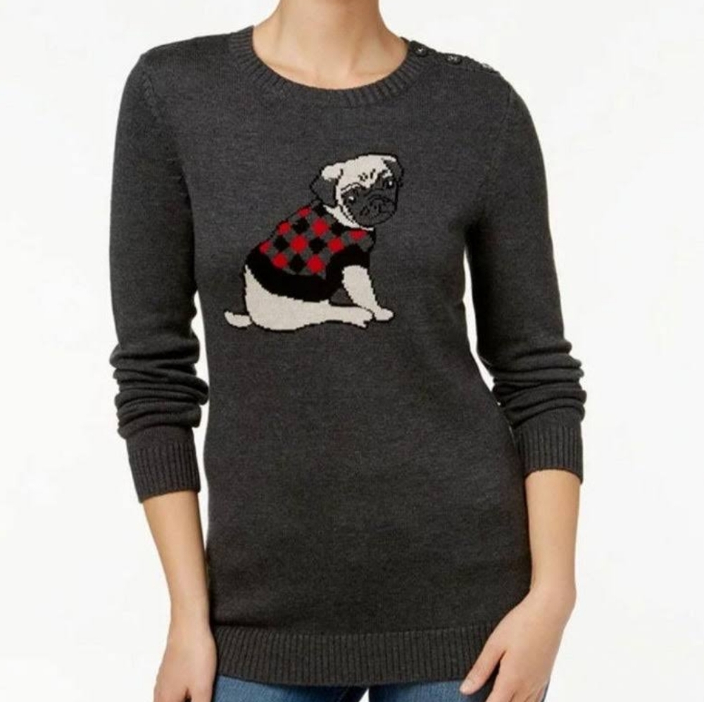 Grey knit sweater with pug dog graphic. CHARTER CLUB xxl